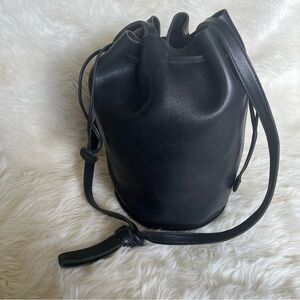 BAGGU Natural Milled Black Leather Bucket Bag with Drawstring